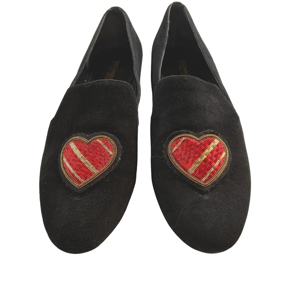 Michael Kors Black Suede Heart Loafers Women's Size 8.5M Embellished‎ Flats